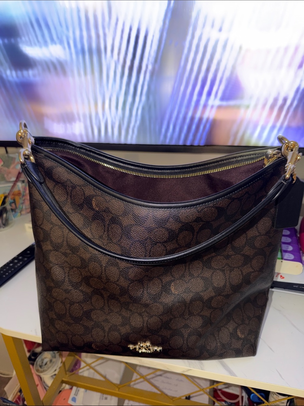 Coach Dark Brown Signature Canvas Hobo Shoulder Bag with Gold Hardware